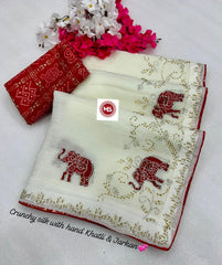 Rich Crunchy Silk Elephant Designer Cutdana & Jarkan Hand Work Saree
