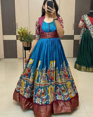 Trendy Exquisite Kalamkari Dola Silk Gown With Koti