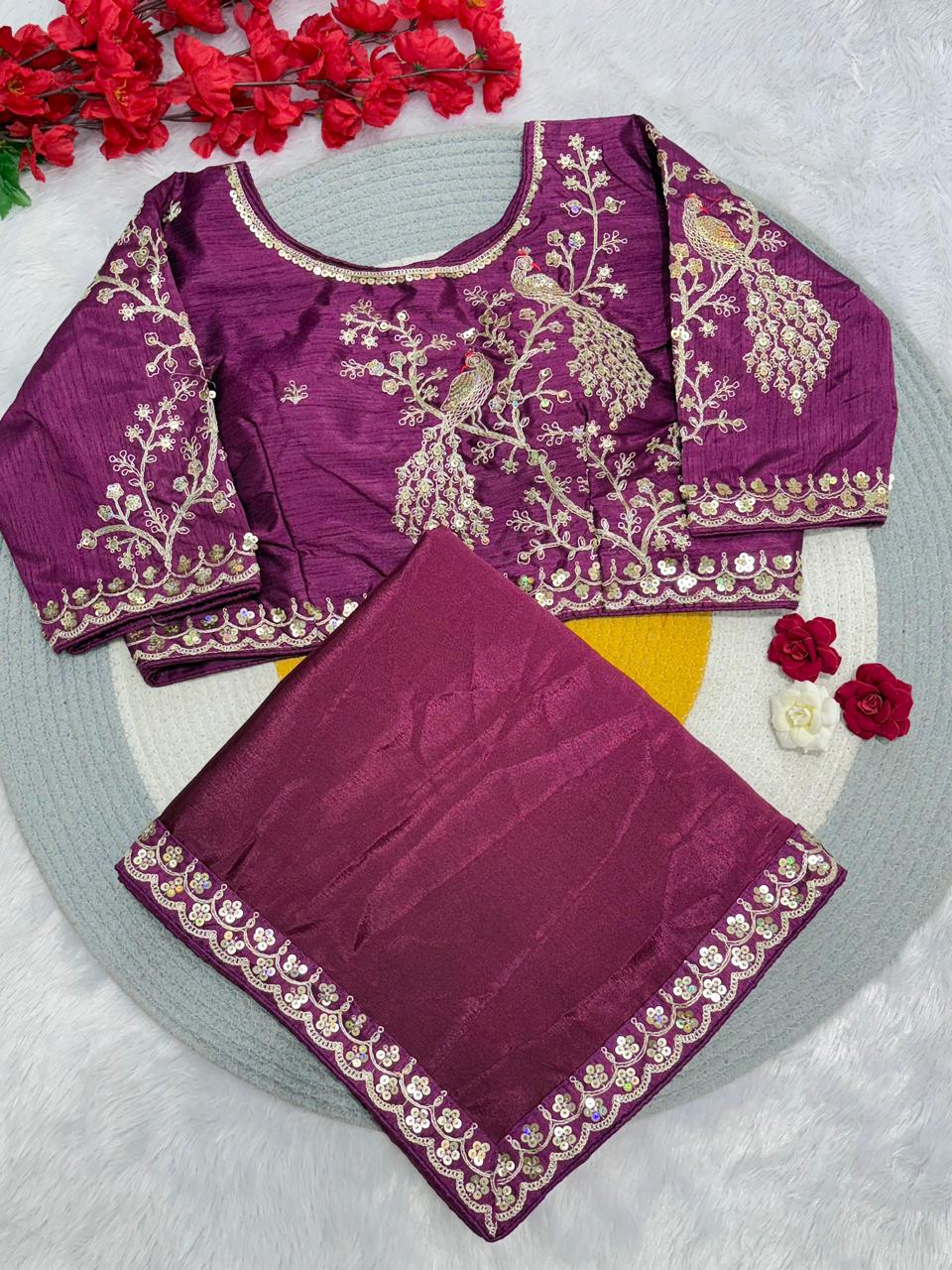 Beautiful  Blooming Chinnon Peding Silk Saree With Stitched Blouse