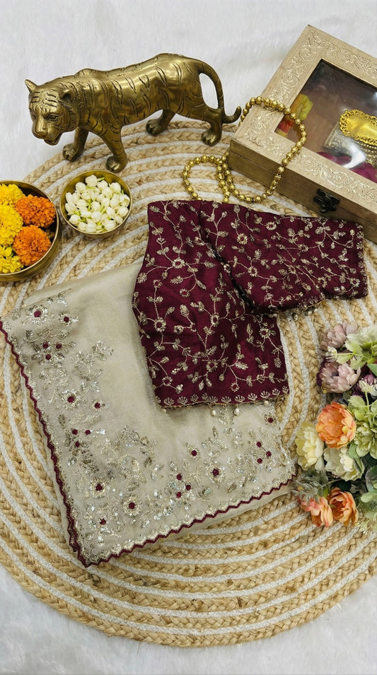 Party-wear Fendy Satin Silk Sequence Work Saree With Stitched Blouse