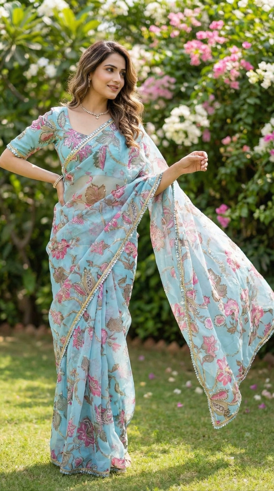 Beautiful Georgetta Digital Printed Handwork Sequence Work Saree
