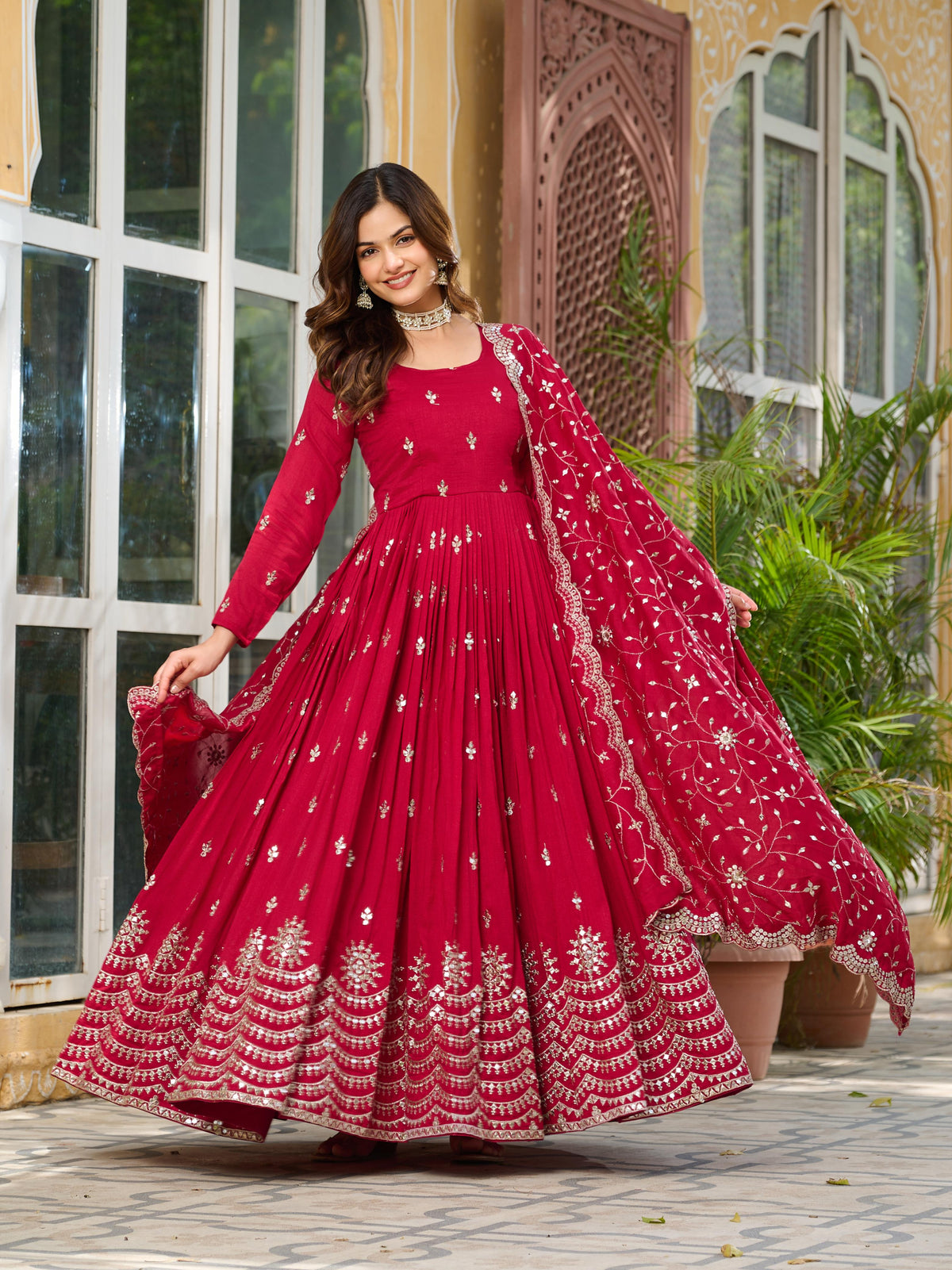 Wedding Special Vichitra silk Embroidery Work Gown