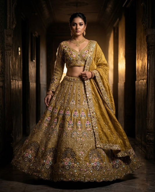 Party-wear Gold Crush Embroidery Sequence Work Lehenga Choli