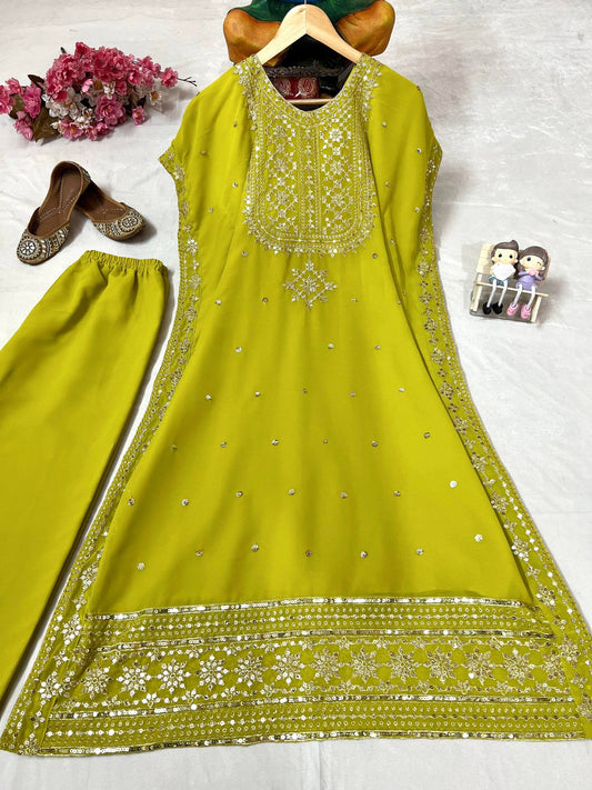 Trendy Georgette Sequence & Zari Embroidery Work Kuftan-Pant Set