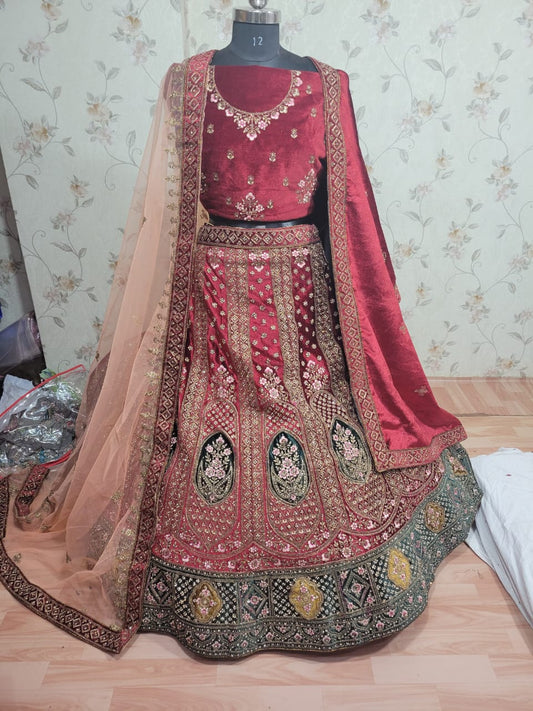 Heavy Pure Lycra Velvet Zarkan Work Multi Colour Double Duppata & Double Cancan Bridal Lehenga Choli