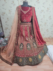 Heavy Pure Lycra Velvet Zarkan Work Multi Colour Double Duppata & Double Cancan Bridal Lehenga Choli