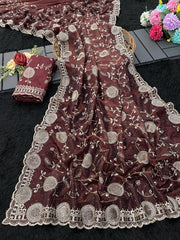 Tissue Silk Multi Thread Embroidery Work Saree