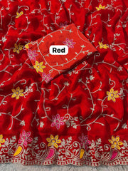 Beautiful Satin Chiffon Chainstiched Work Saree