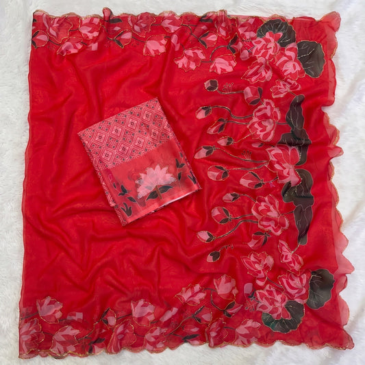 Beautiful Soft Tabby Silk Floral Prints With Beads & Katdana Handwork Saree