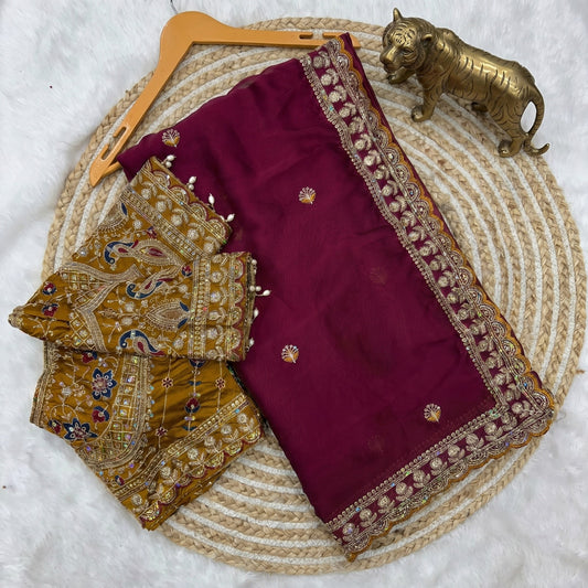 Beautiful Soft Rangoli Sequence Embroidery Work Saree With Stitched Blouse