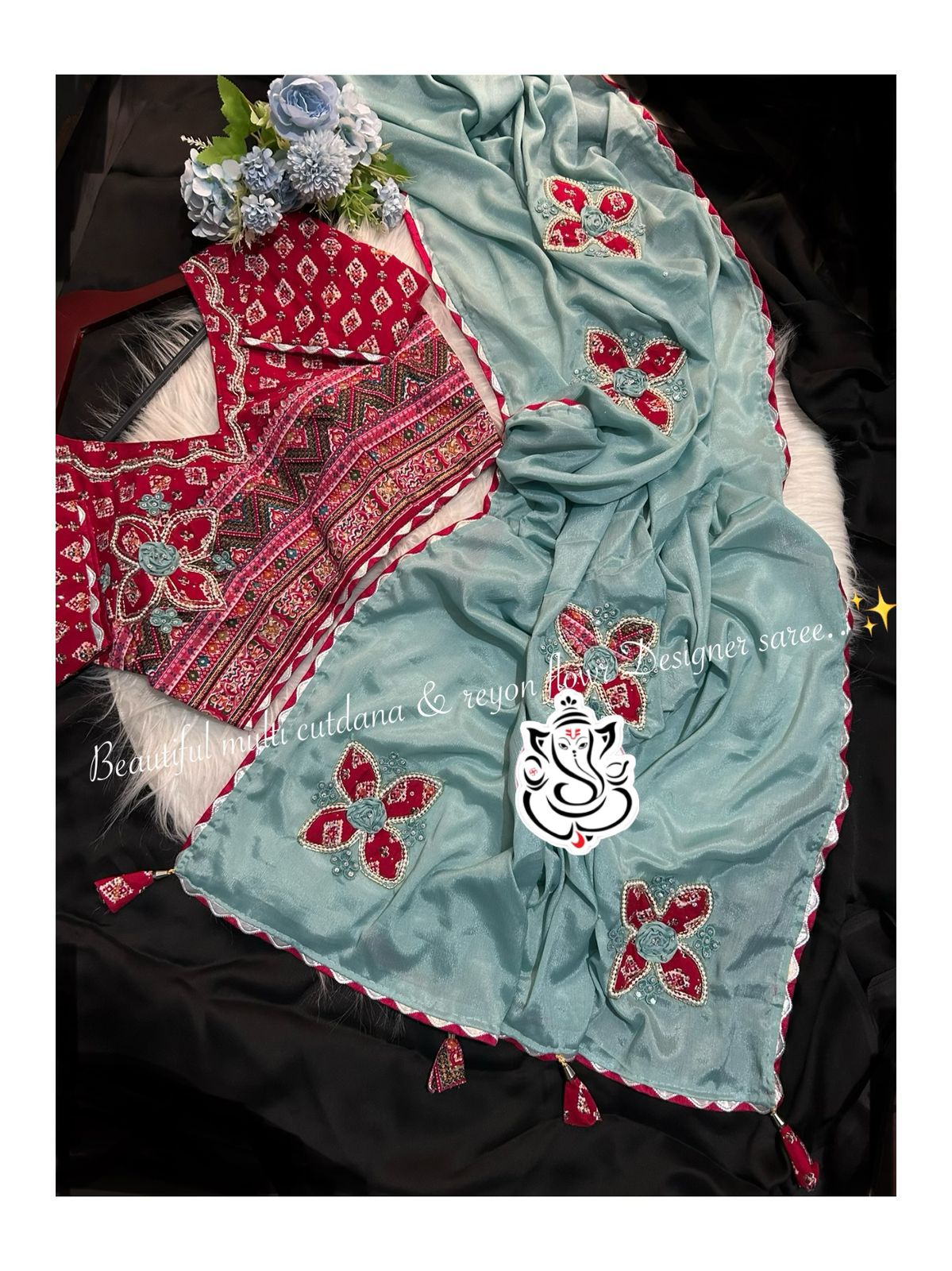 Beautiful Multi Chinon Silk Flower Butta Designer Saree