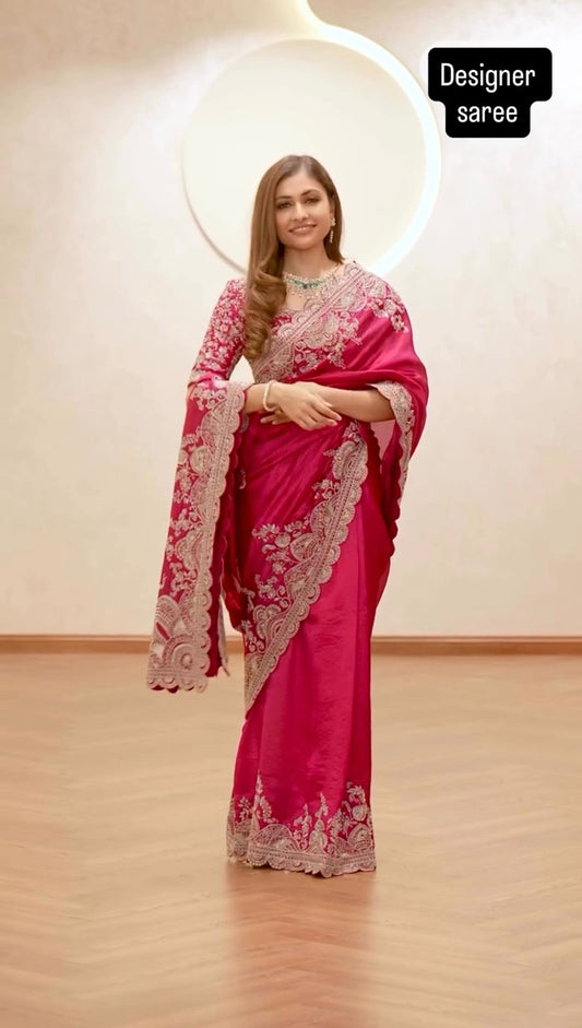 Party-wear Pink Designer Vichitra Silk With Coding & Sequence Work Saree