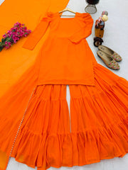 Party-wear Georgette Lace Work Top Palazzo & Dupatta Set