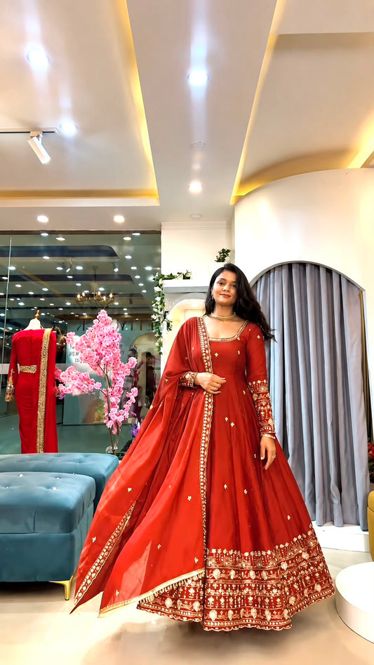 Party-wear Crunchy Silk Embroidery Sequence Work Gown