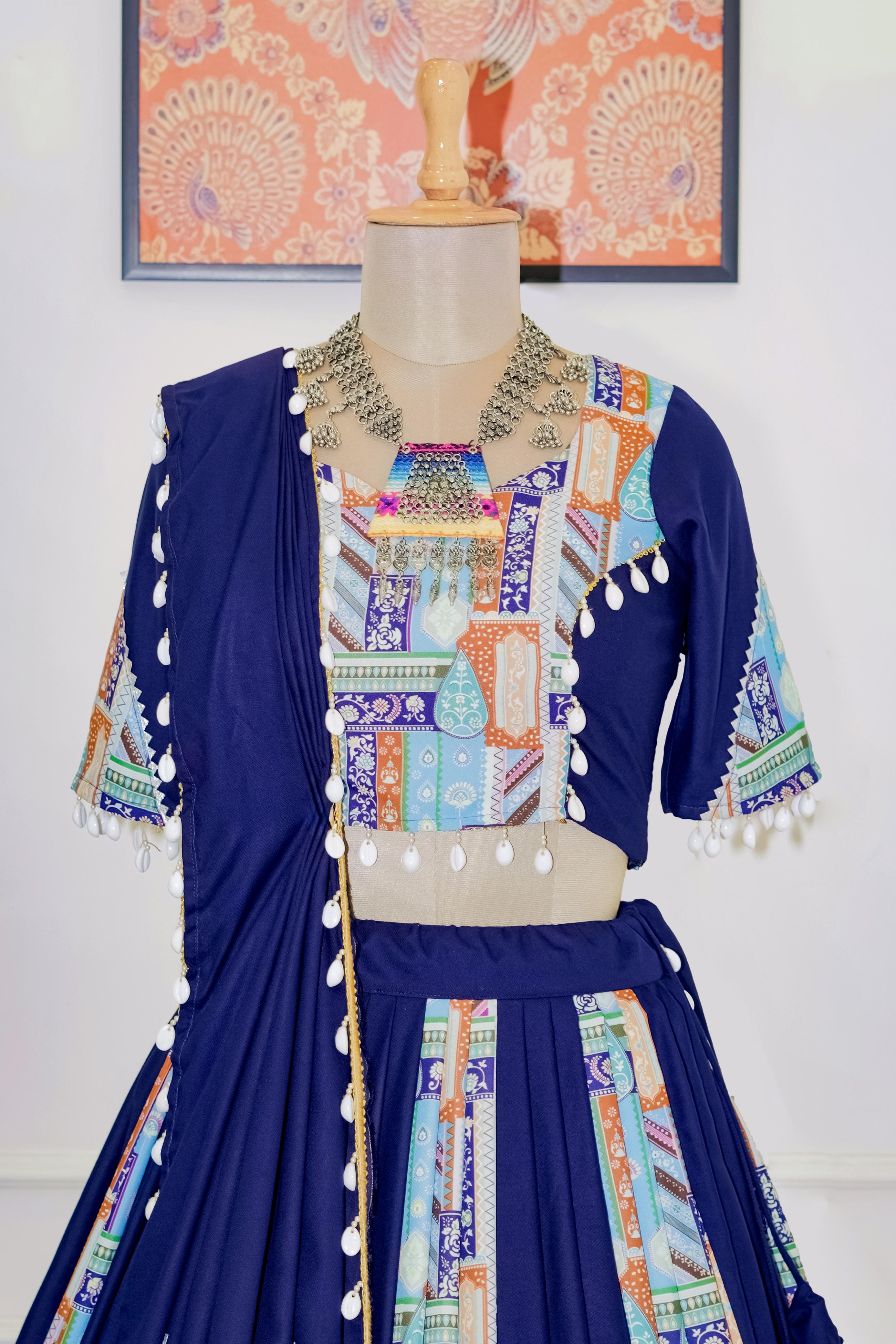 Navratri Special Blue Digital Printed Kodi Lace Border Lehenga Choli