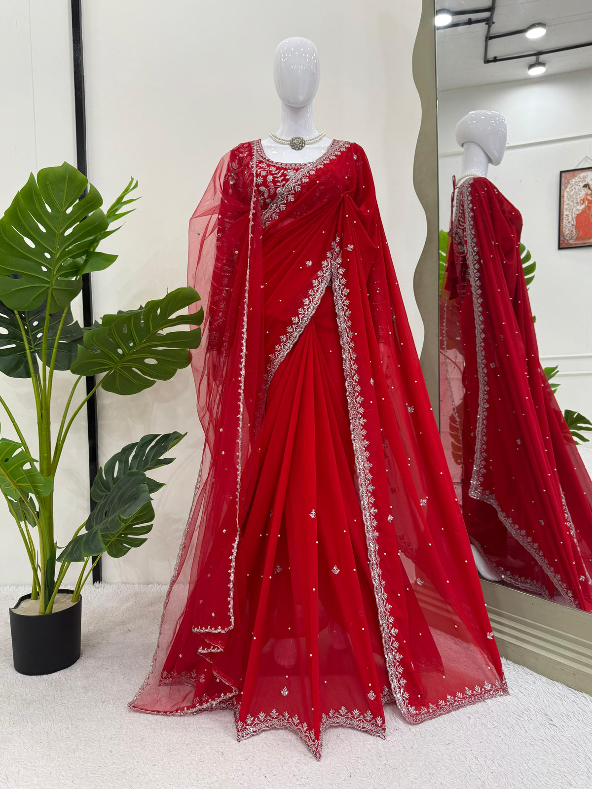Stunning Red Beautiful Designer Georgette Saree