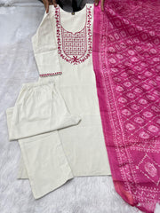 Beautiful Khadi Cotton With Embroidery Work Three Piece Set
