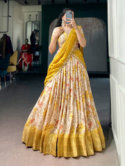 Beautiful Dola Chex Floral Printed With Zari Weaving Work Lehenga Choli