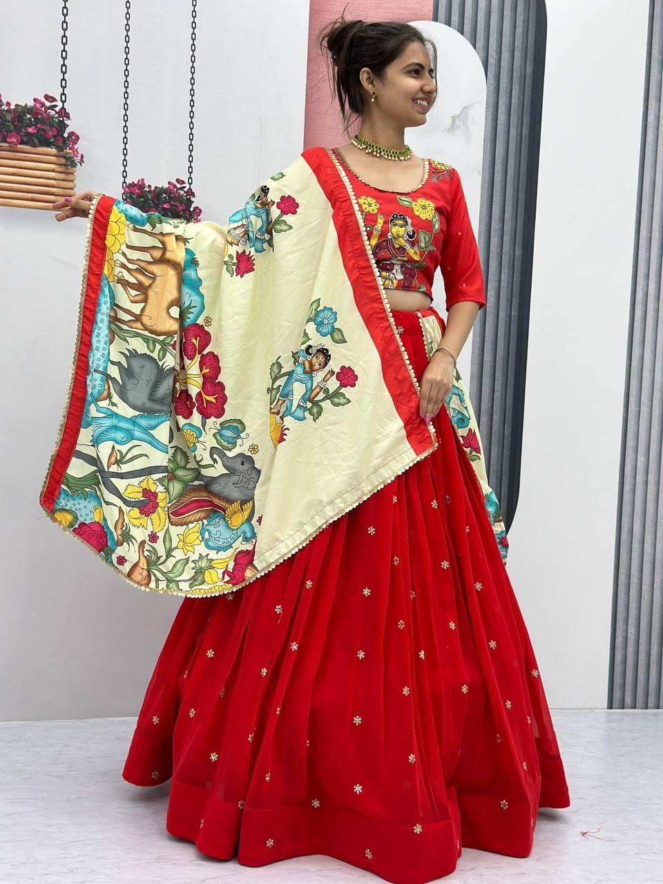 Beautiful Pure Cotton Kalamkari Printed With Real Handwork Lehenga Choli