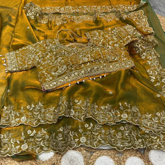 Party-wear Fendy Satin Silk Embroidery & Sequence Work Saree With Stitched Blouse