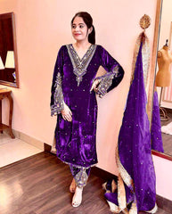 Designer Party-wear Pure Viscose Velvet With Embroidery Sequence Work Dress