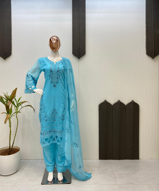 Attractive Designer Sky-Blue Georgette Sequence & Embroidery Work Suit