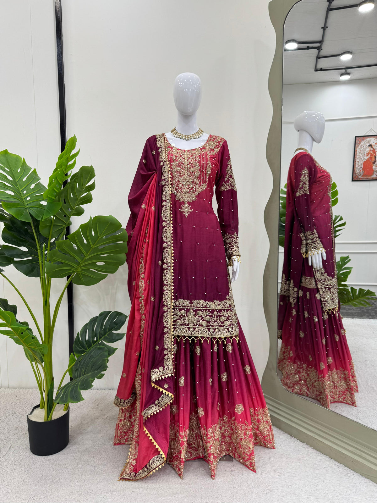 Beautiful Designer Heavy Chinon Silk Coding & Sequence With Pearl Work Sharara