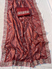 Beautiful Soft Shine Chocolate Silk Fabric Sequence & Cut work Saree