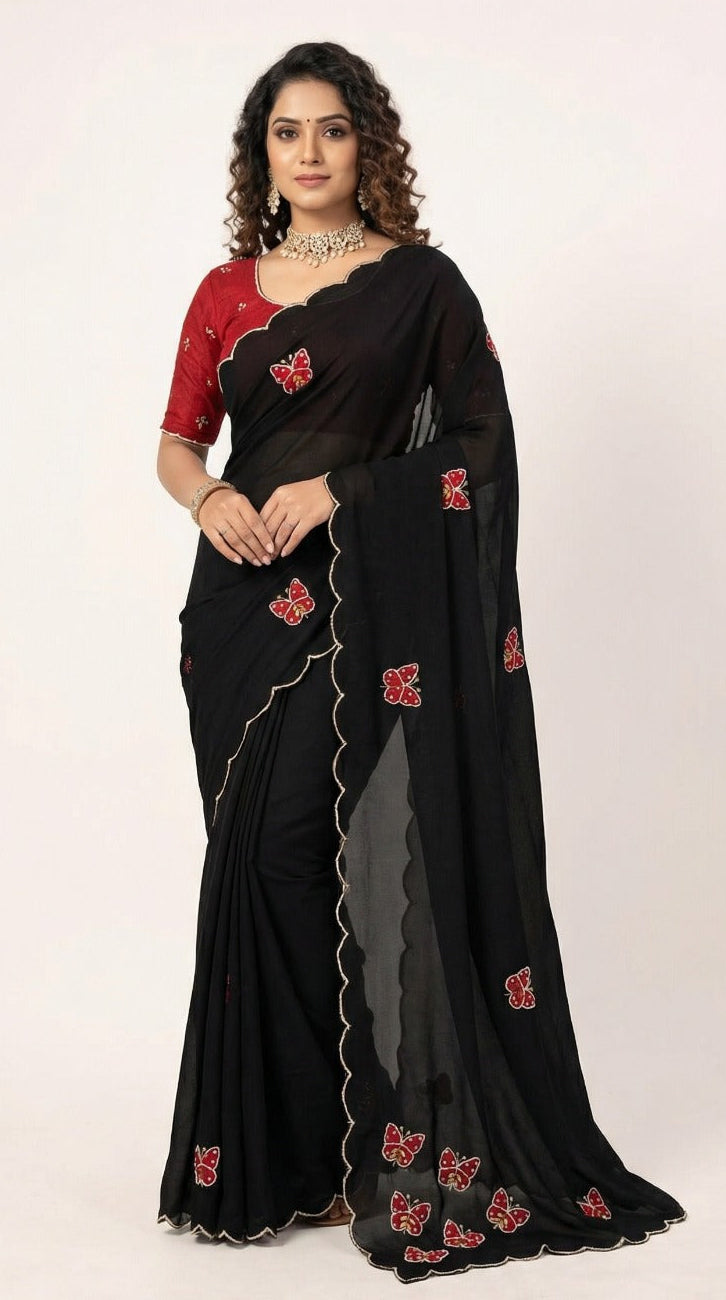 Elegance Chinon Silk With Beautiful Butterfly Butta Khatli Work Saree