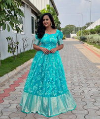 Trending Full Stitched Organza Silk With Full Flair Foil Work Gown