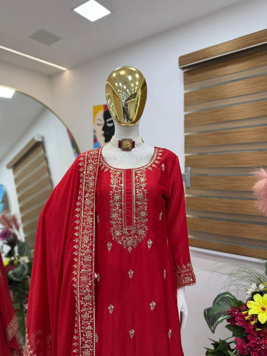 Elegant Red Festive Kurta Sharara Set with Designer Dupatta