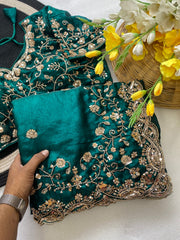 Beautiful Space Silk With Beautiful Original Golden Beads Work Saree With Stitched Blouse