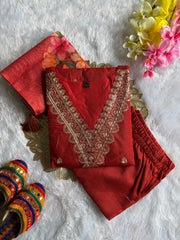 Beautiful Red Rayon Slub Embroidery With Cotton Thread Work Dress