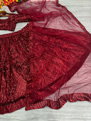 Elegance Red Colour Net Embroidery Sequence Work Lehenga Choli