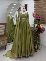 Party-wear Fendy Silk Gown Pant & Dupatta Set