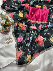 Beautiful Smooth Chinnon Embroidery Printed Work Saree