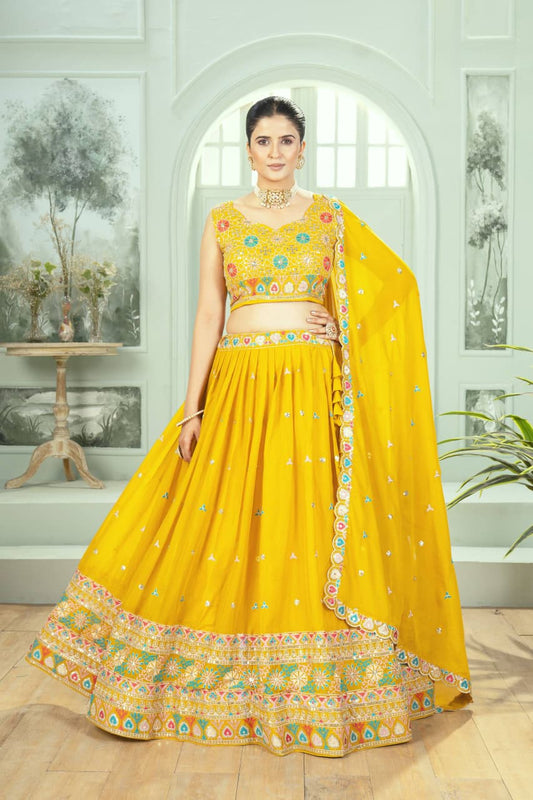 Beautiful Start Georgette Yellow Sequence & Thread Embroidery Work Lehenga Choli