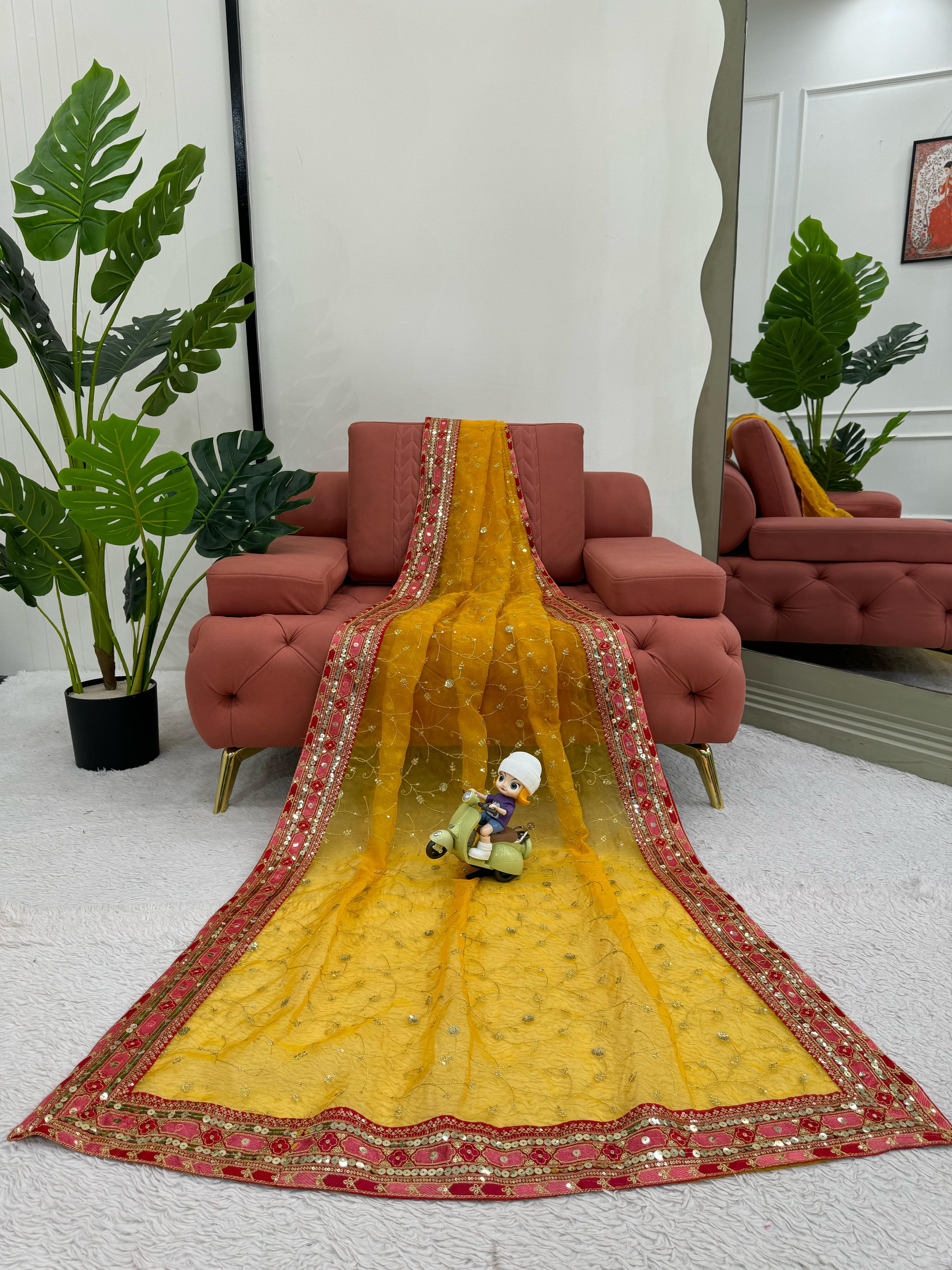 Beautiful Designer Yellow Organza Silk Saree