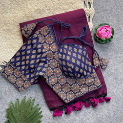 Beautiful Khadi Cotton Silk Saree With Designer Ready-made Ajrakh Cotton Blouse