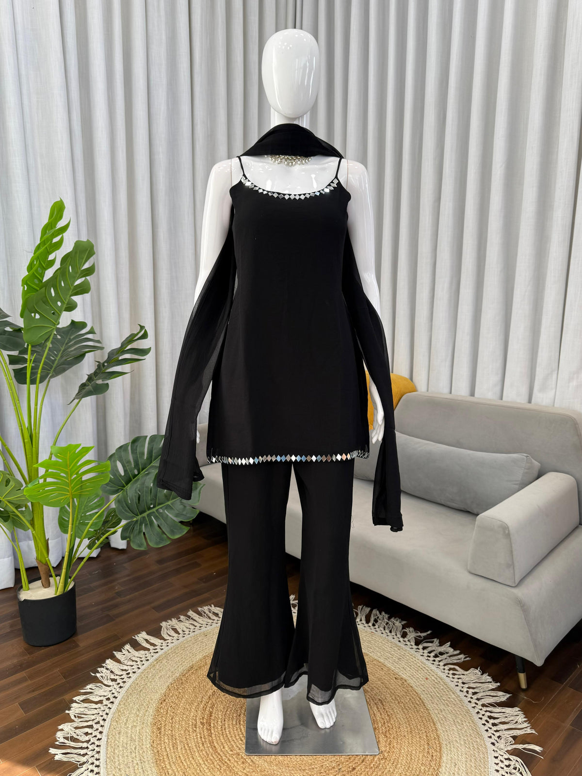 Party-wear Black Georgette Real Mirror Work Suit