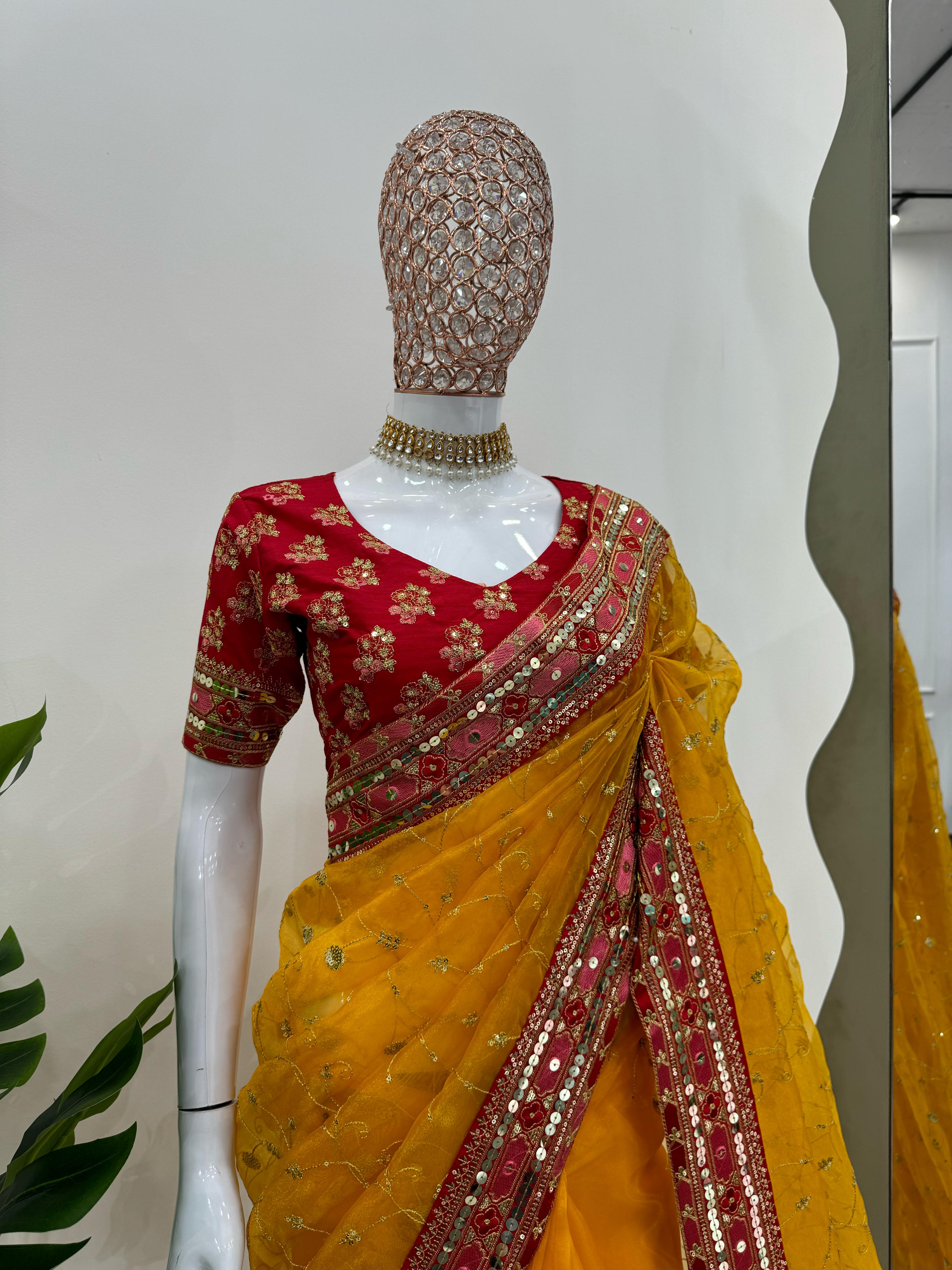 Beautiful Designer Yellow Organza Silk Saree