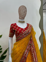 Beautiful Designer Yellow Organza Silk Saree