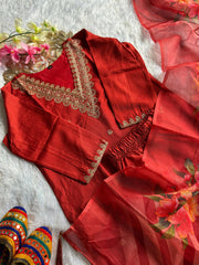 Beautiful Red Rayon Slub Embroidery With Cotton Thread Work Dress