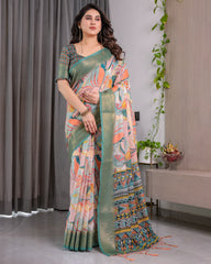 Beautiful  Pure Hand-loom Linen Digital Floral Printed Saree