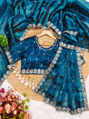 Trending Party-wear Soft Burberry Silk Embroidery & Real Mirror Hand Work Saree