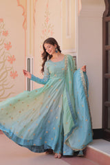 Partywear Gold Organza With Sequins-Multi Embroidered Work Gown