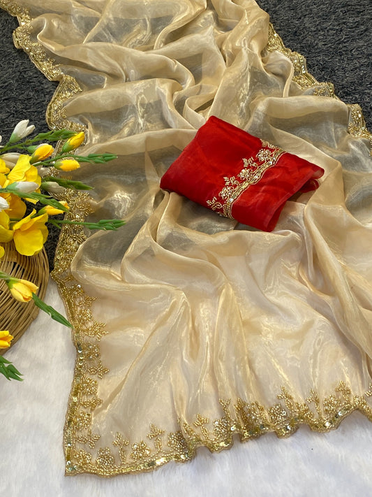 Party-wear Jimmy Choo Satin with Khatli Cutdana Handwork Saree