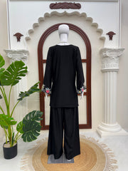 Beautiful Rayon Satin Thread Work Black Co-Ord Set