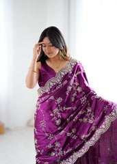 Royal Japan Satin Silk Sequence Embroidery Work Saree