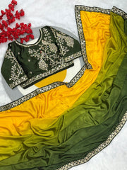 Party-wear Blooming Chinon Peding Silk Saree With Stitched Blouse